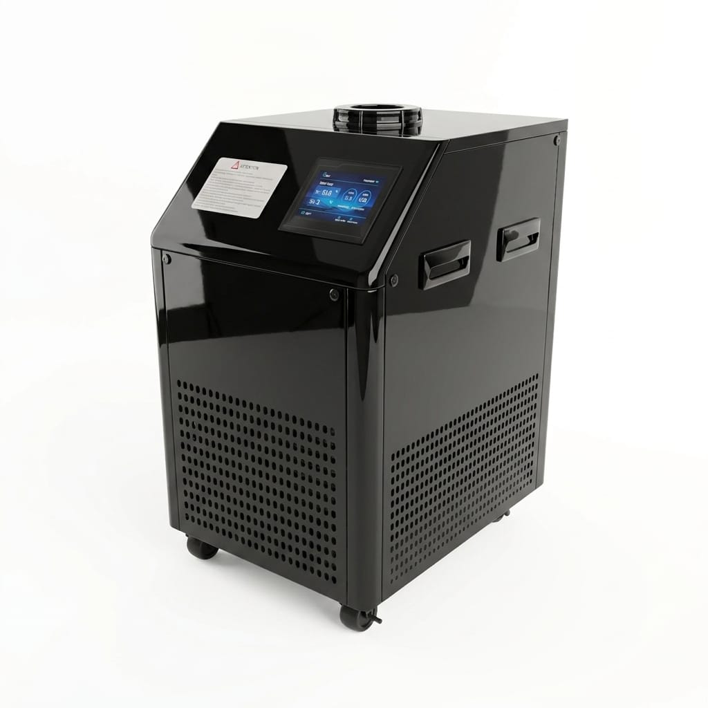 Air conditioning unit — glossy black portable cabinet on casters with touchscreen control panel, side handles, and perforated ventilation grilles