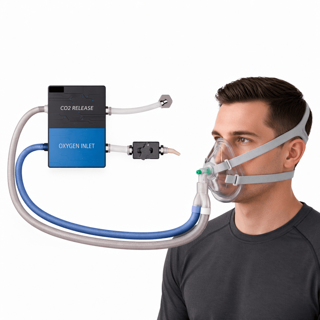 Lightweight high-flow BIBS oxygen delivery system — a user wearing a head-strapped facemask connected via dual blue and gray tubing to oxygen inlet and CO2 release modules