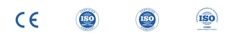 Certification marks — CE, ISO 9001:2015, ISO 14001:2015, and ISO 13485 Quality Management System