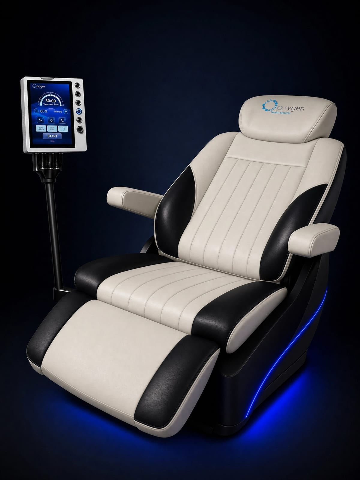 Two-tone cream and black leather reclining chair with Oxygen Health Systems branded headrest, extended footrest, blue ambient underglow lighting, and a touchscreen control panel on a stand