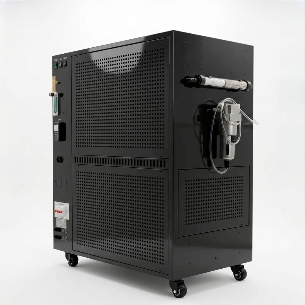 Dual all-in-one smart controller unit — glossy black floor cabinet on casters with control panel, oxygen concentrator, filter, and tubing