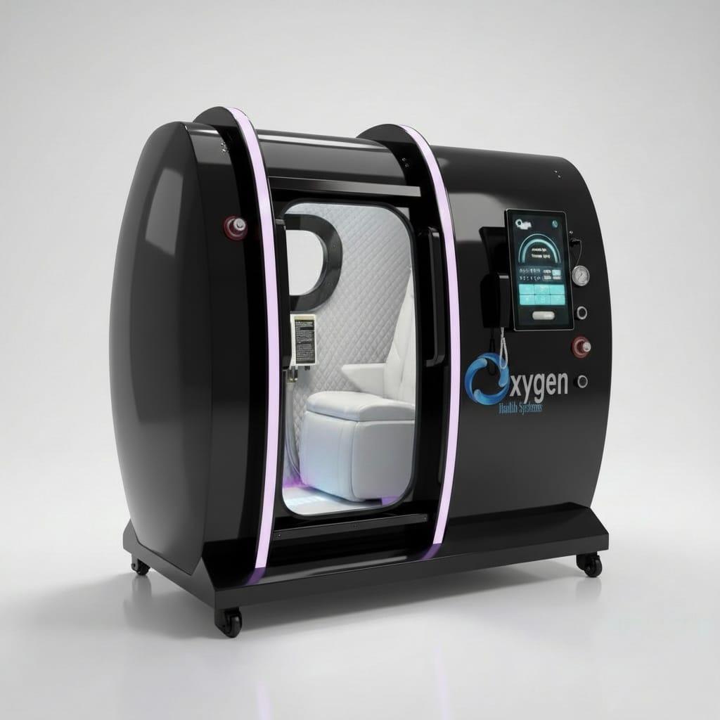 Executive XLS-35 hyperbaric oxygen chamber in a glossy black finish with white accent light strips, viewing window, white reclining seat, and external touchscreen control panel on caster wheels