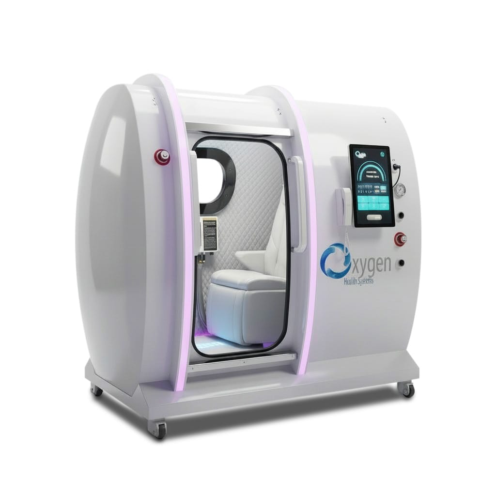Executive XLS-35 white single-seat hard-shell hyperbaric oxygen chamber with lilac accent lighting, angled view showing the white reclining seat, viewing window, and touchscreen control panel