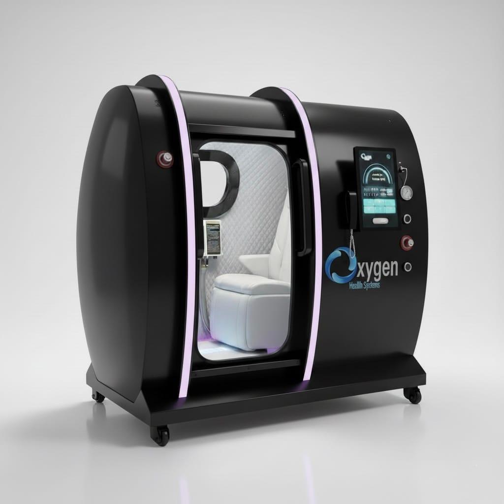 Executive XLS-35 hyperbaric oxygen chamber in a matte black finish with soft accent lighting, viewing window, white reclining seat, and external touchscreen control panel on caster wheels