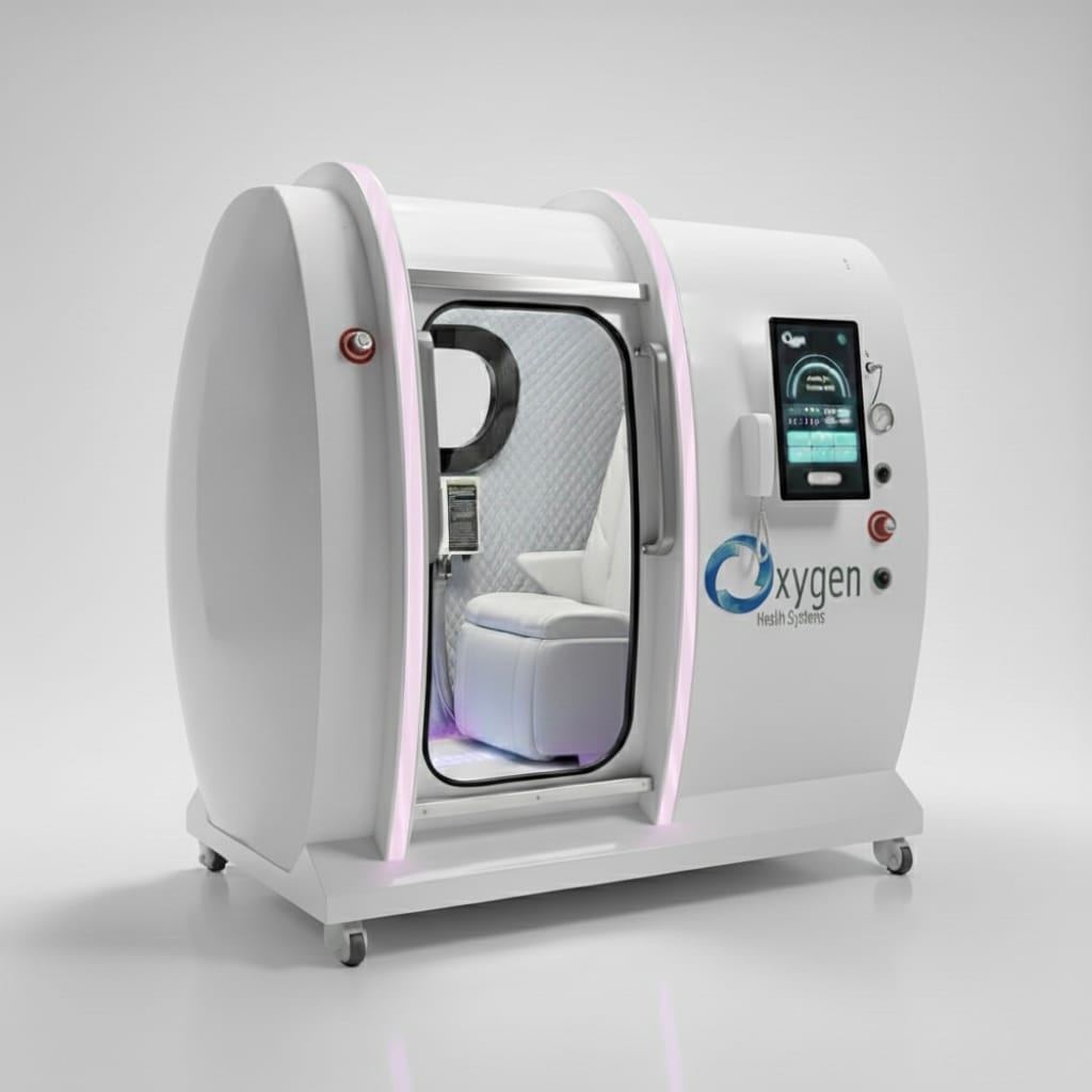 Executive XLS-35 hyperbaric oxygen chamber in a matte white finish with pink accent lighting, viewing window, white reclining seat, and external touchscreen control panel on caster wheels