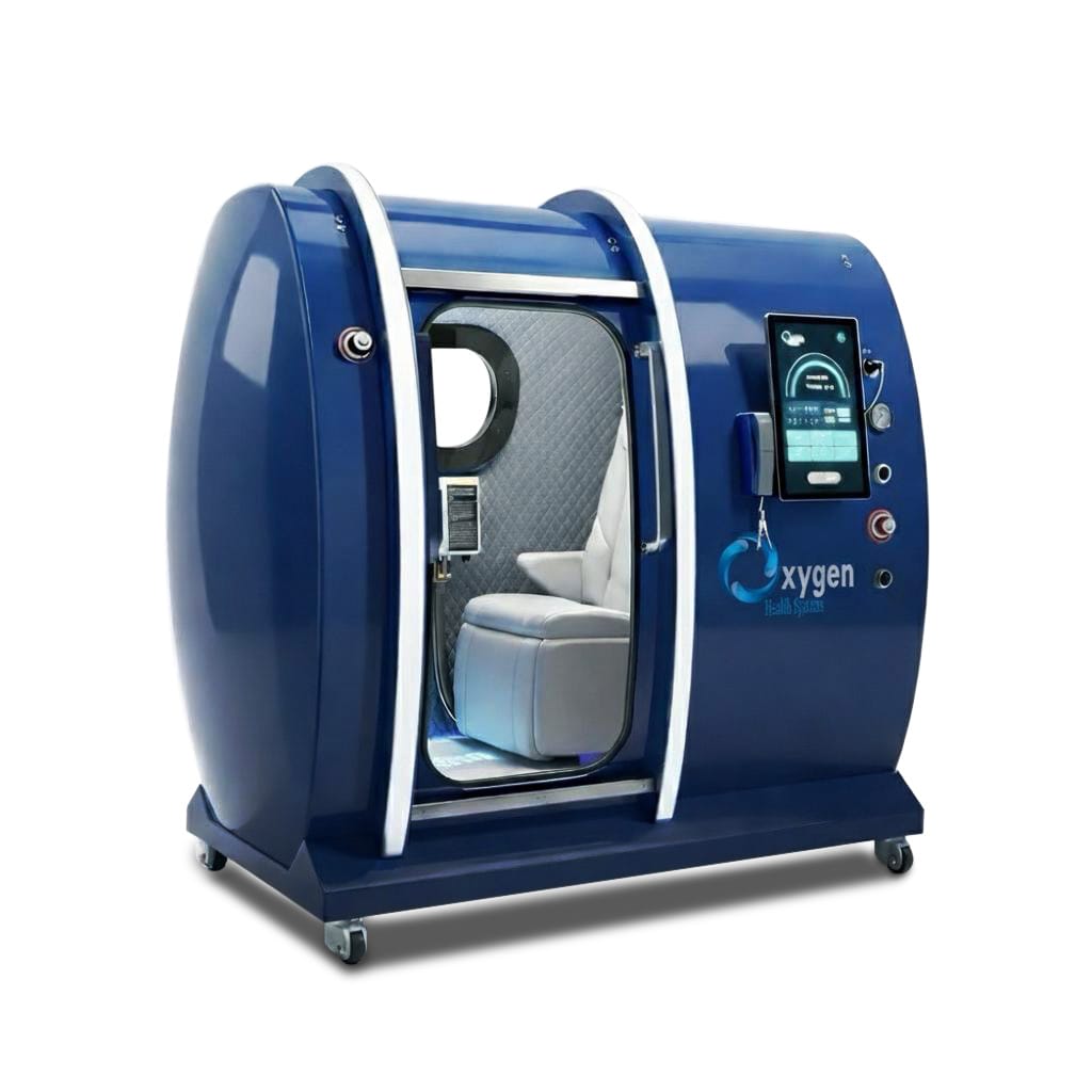 Executive XLS-35 deep navy blue single-seat hard-shell hyperbaric oxygen chamber, angled view showing the white reclining seat, viewing window, and touchscreen control panel