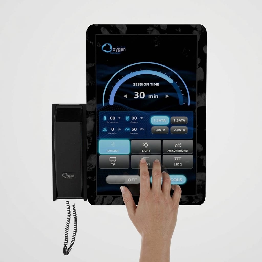 External hyperbaric control panel touchscreen with handset — showing session time, temperature, oxygen, humidity and pressure readouts, ATA pressure selection, and 6P/OS protocol controls