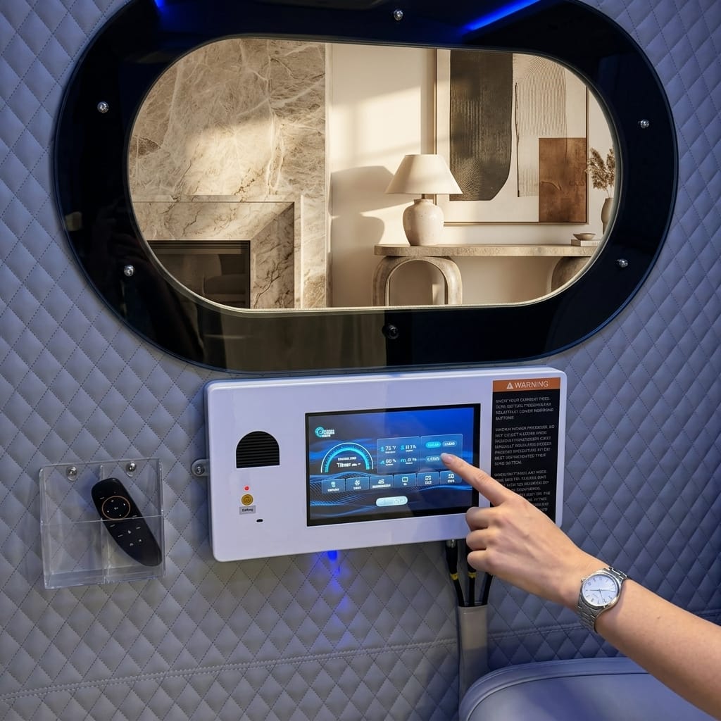 User operating the Executive XLS-35 internal HD touchscreen from inside the chamber, with the quilted interior, oval viewing window, and wireless remote in its wall holder