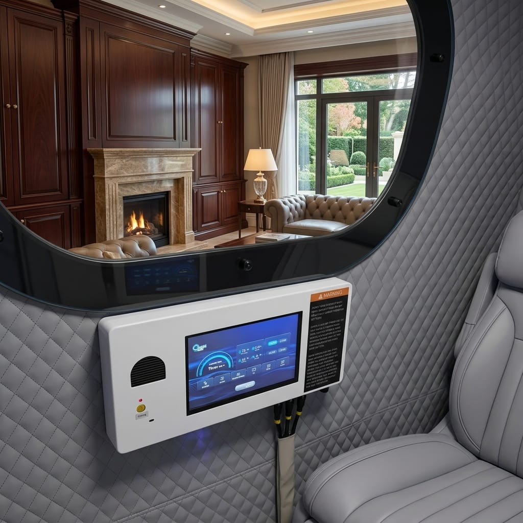 Angled interior view of the Executive XLS-35 showing the internal touchscreen control panel, quilted padded walls, oval viewing window, and premium grey reclining seat