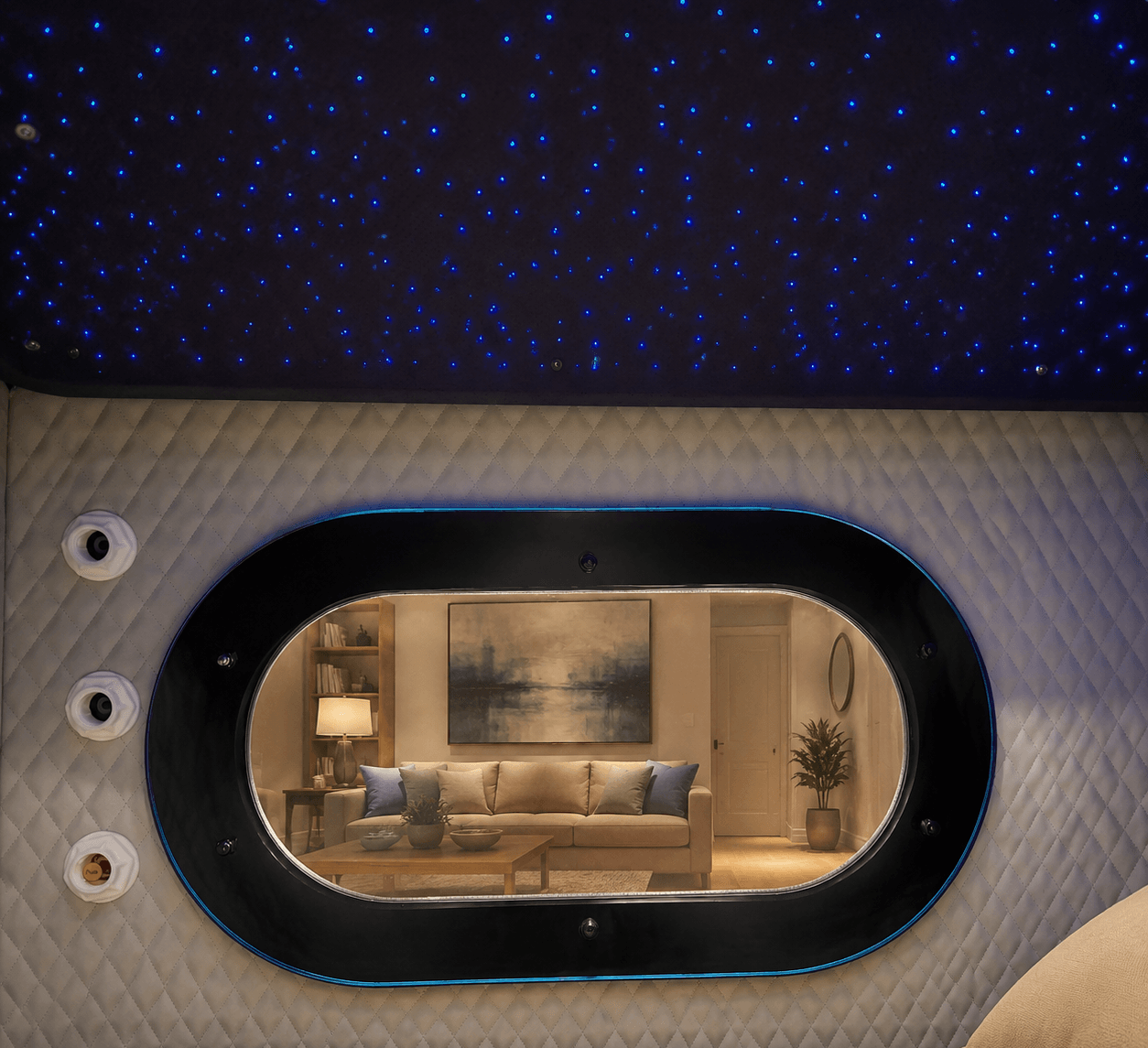 Starlight simulated ceiling inside the hyperbaric chamber — a dark navy fiber-optic panel dotted with blue LED stars above quilted interior padding and an oval viewing window reflecting a warm living room