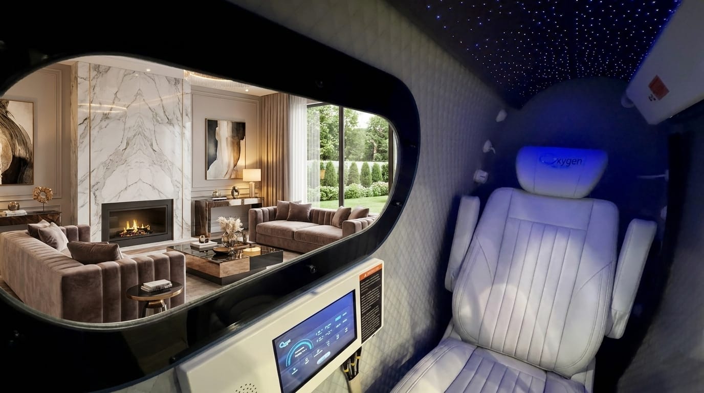 Luxurious interior of the Executive XLS-35D hyperbaric chamber featuring a cream leather captain's chair with Oxygen branding, a fiber-optic starlight ceiling, a touchscreen control panel, and a large oval viewing window overlooking an elegant living room with a marble fireplace