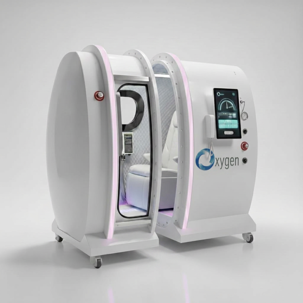 Executive XLS-35D multipiece white hard-shell hyperbaric oxygen chamber with pink accent lighting, shown with the outer shell open to reveal the white reclining seat interior, external touchscreen control panel, and Oxygen branding on caster wheels
