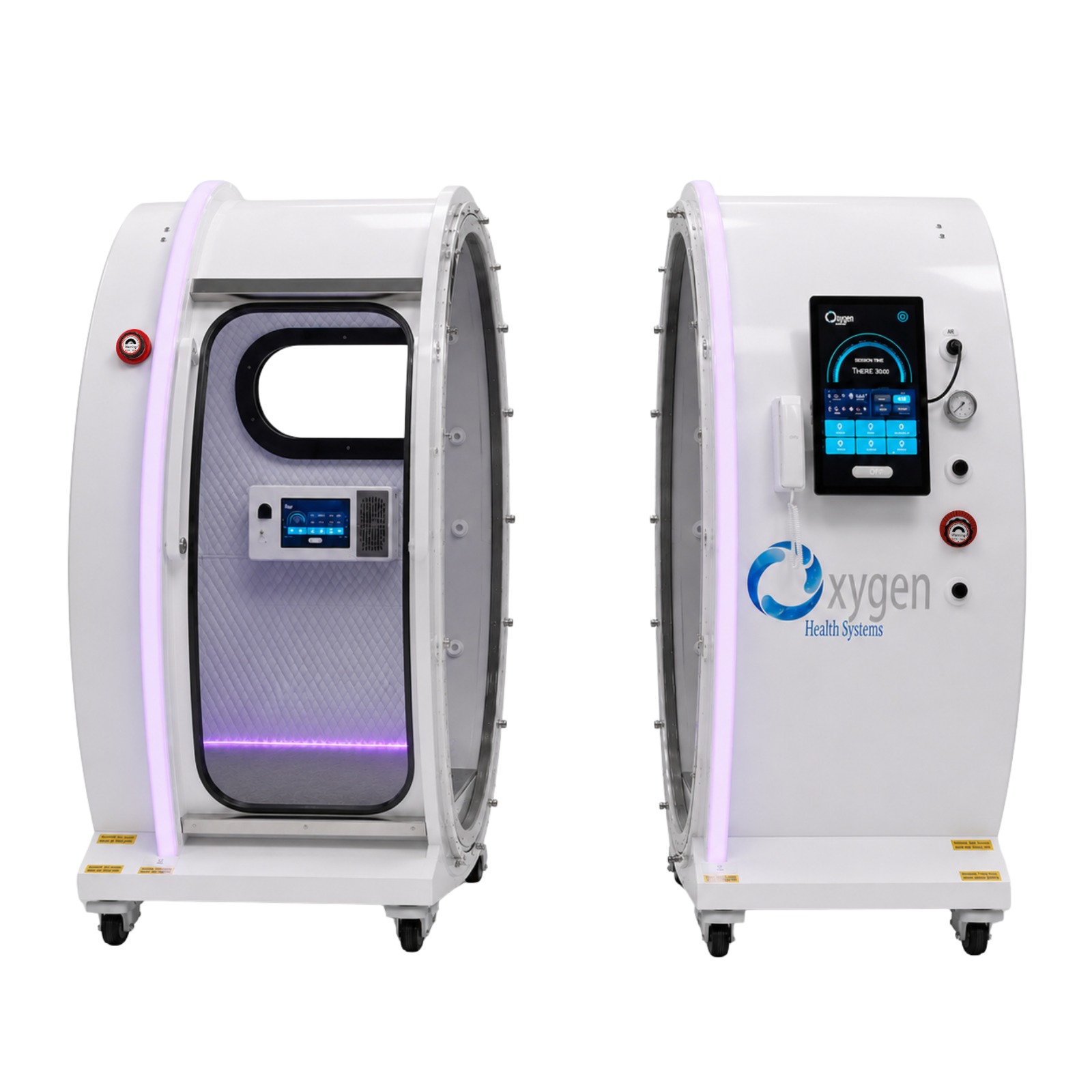 Executive XLS35-MP 2-piece white hard-shell hyperbaric oxygen chamber on casters with pink accent lighting, shown from two angles — the interior view with quilted padding and control panel, and the exterior view with touchscreen and Oxygen Health Systems branding
